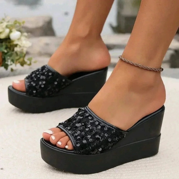 Ladies" Fashion Fish Mouth Sparkly Decorated Roman Sandals Beach Shoes Versatile - Picture 5 of 6